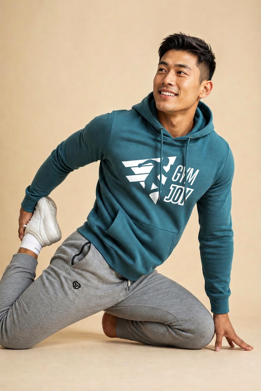 Athlete stretching in teal Gym Joy hoodie