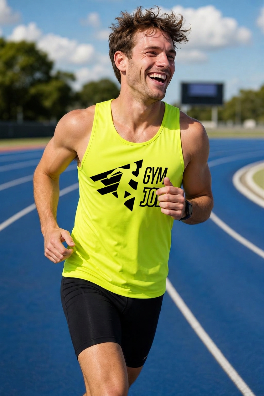 Runner laughing in neon Gym Joy tank