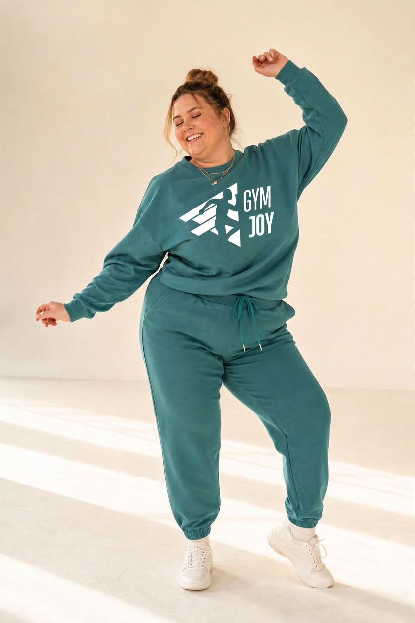 Athlete dancing in teal Gym Joy crewneck