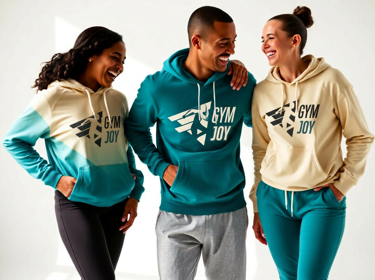 Three friends laughing in Gym Joy hoodies